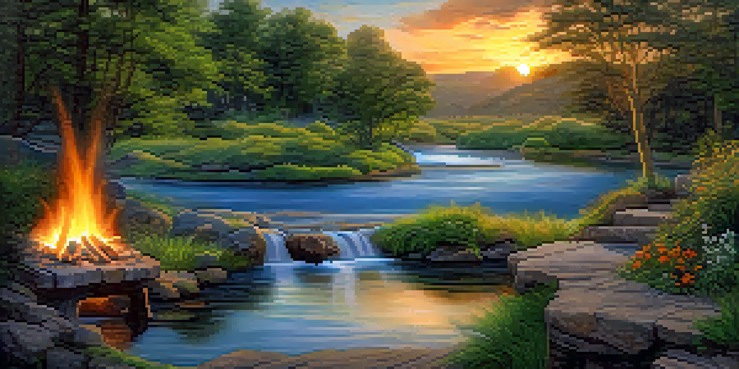 A picturesque landscape showcasing the four elements: fire, earth, air, and water, with a campfire, garden, clouds, and stream in a harmonious setting.