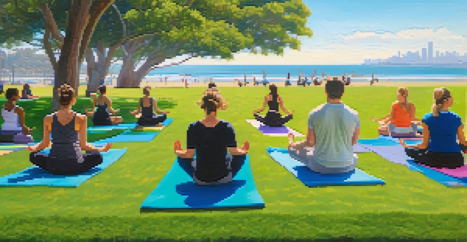 A group of individuals practicing yoga in a sunny park with the ocean in the background.