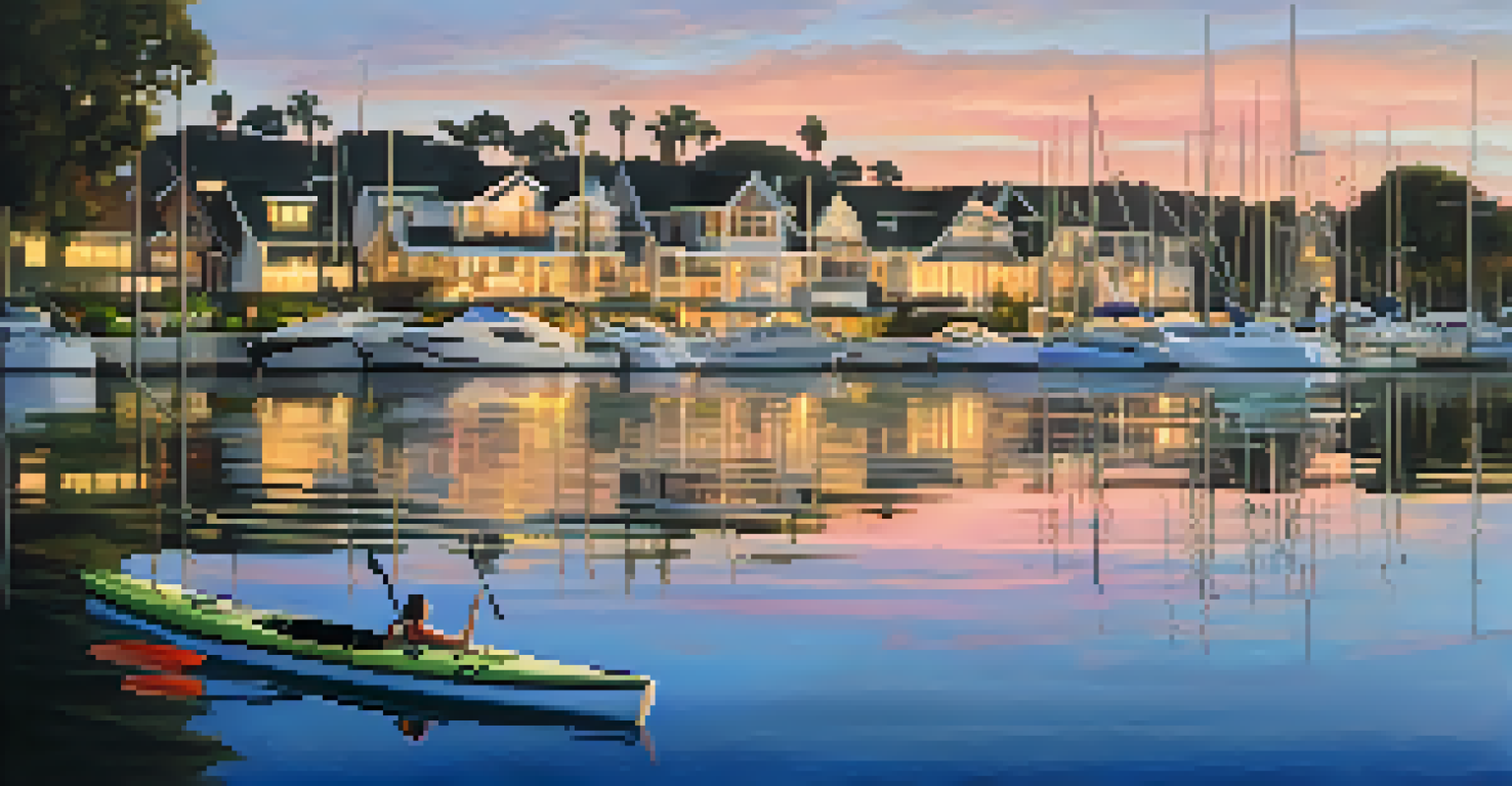 A kayaker paddling in Marina del Rey at sunset, with colorful reflections on the water and yachts in the background.