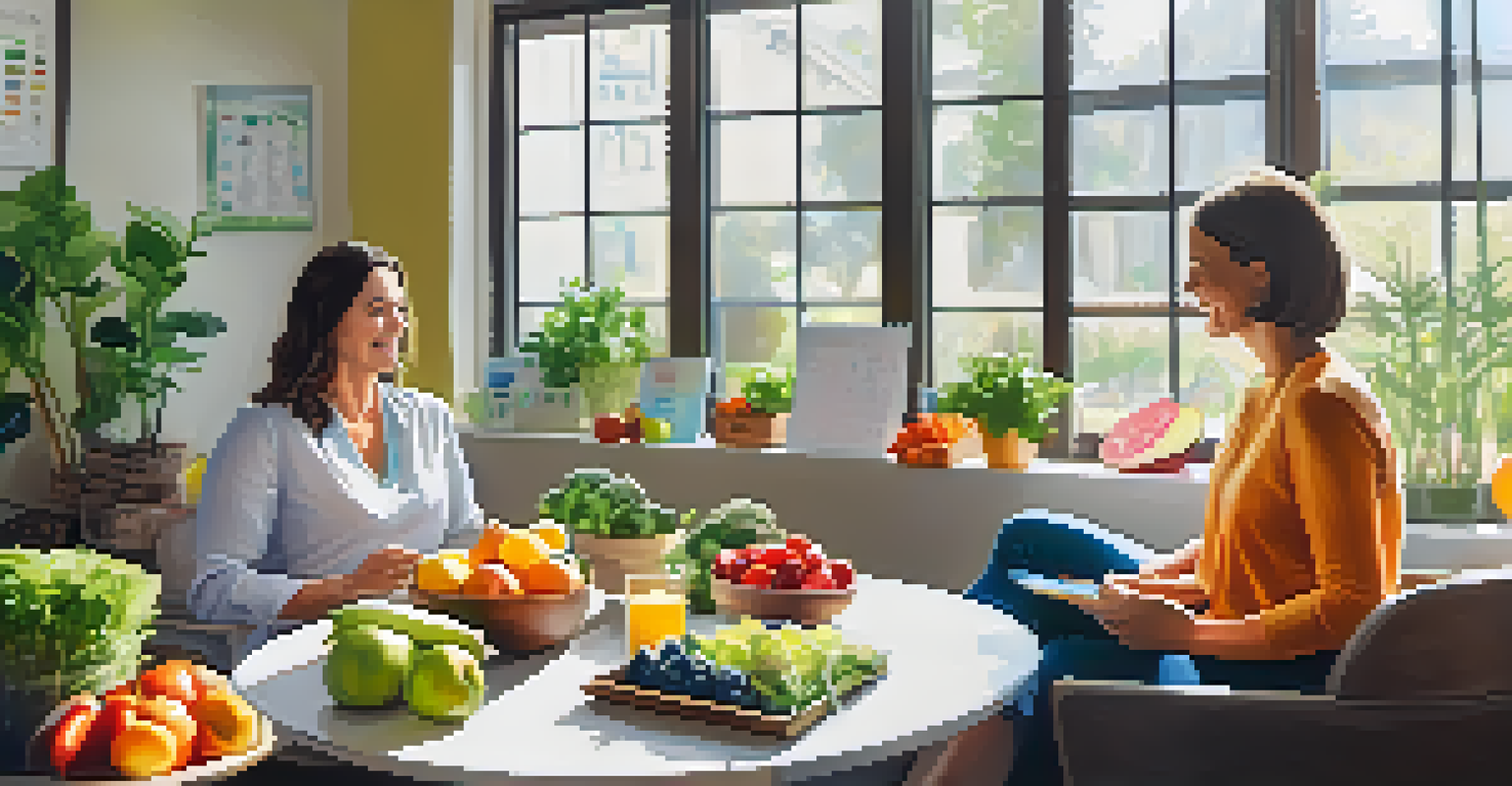 A nutritionist and client discussing a meal plan in a bright, plant-filled office.