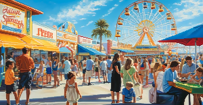 Families at Santa Monica Pier enjoying rides and street performers, with a bright sky and ocean view.