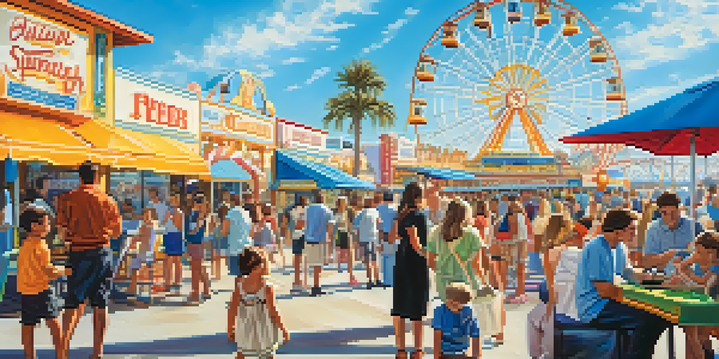 Families at Santa Monica Pier enjoying rides and street performers, with a bright sky and ocean view.