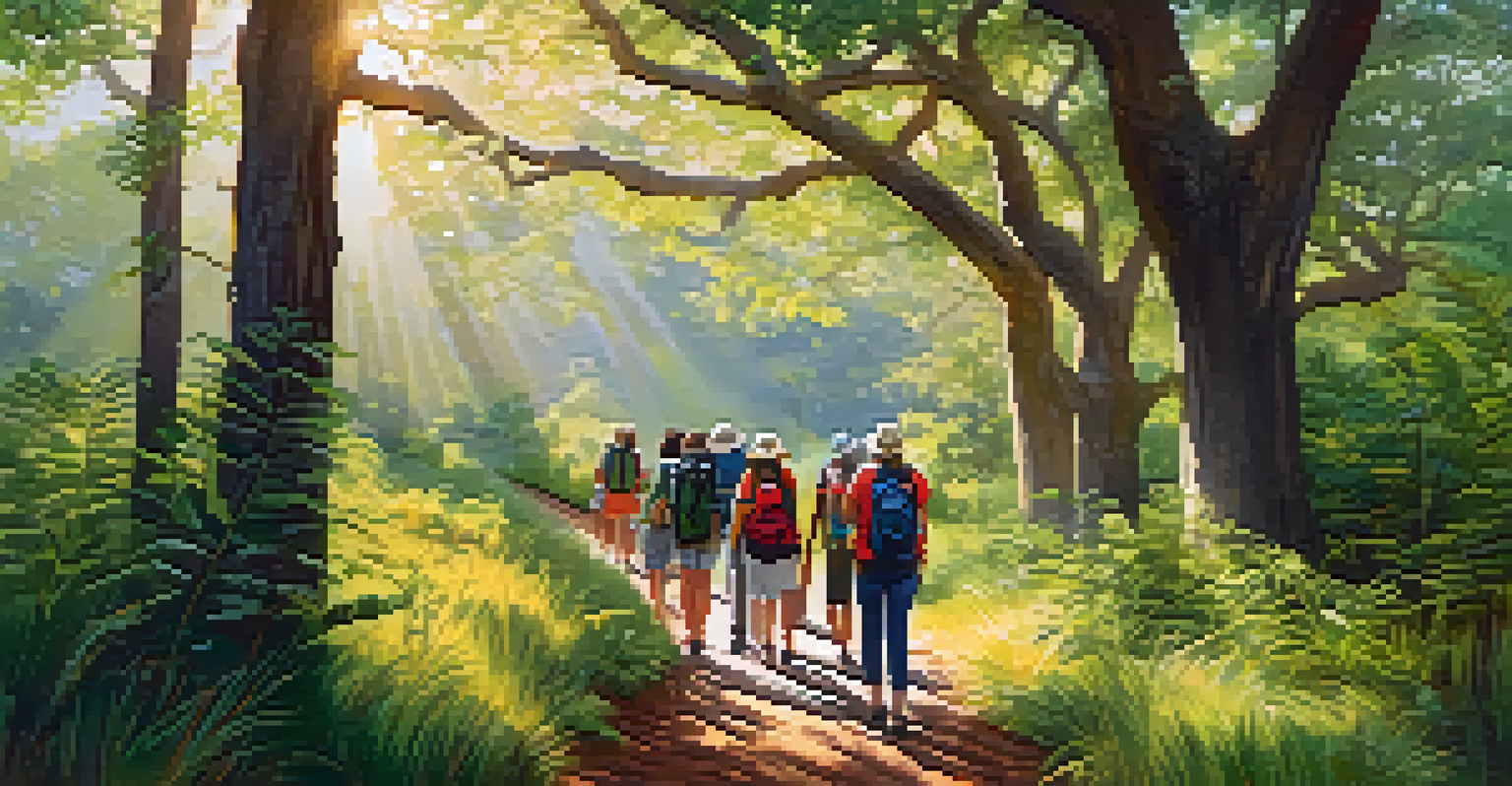Travelers on an eco-tour in a lush green landscape, walking along a nature trail with sunlight filtering through the trees.