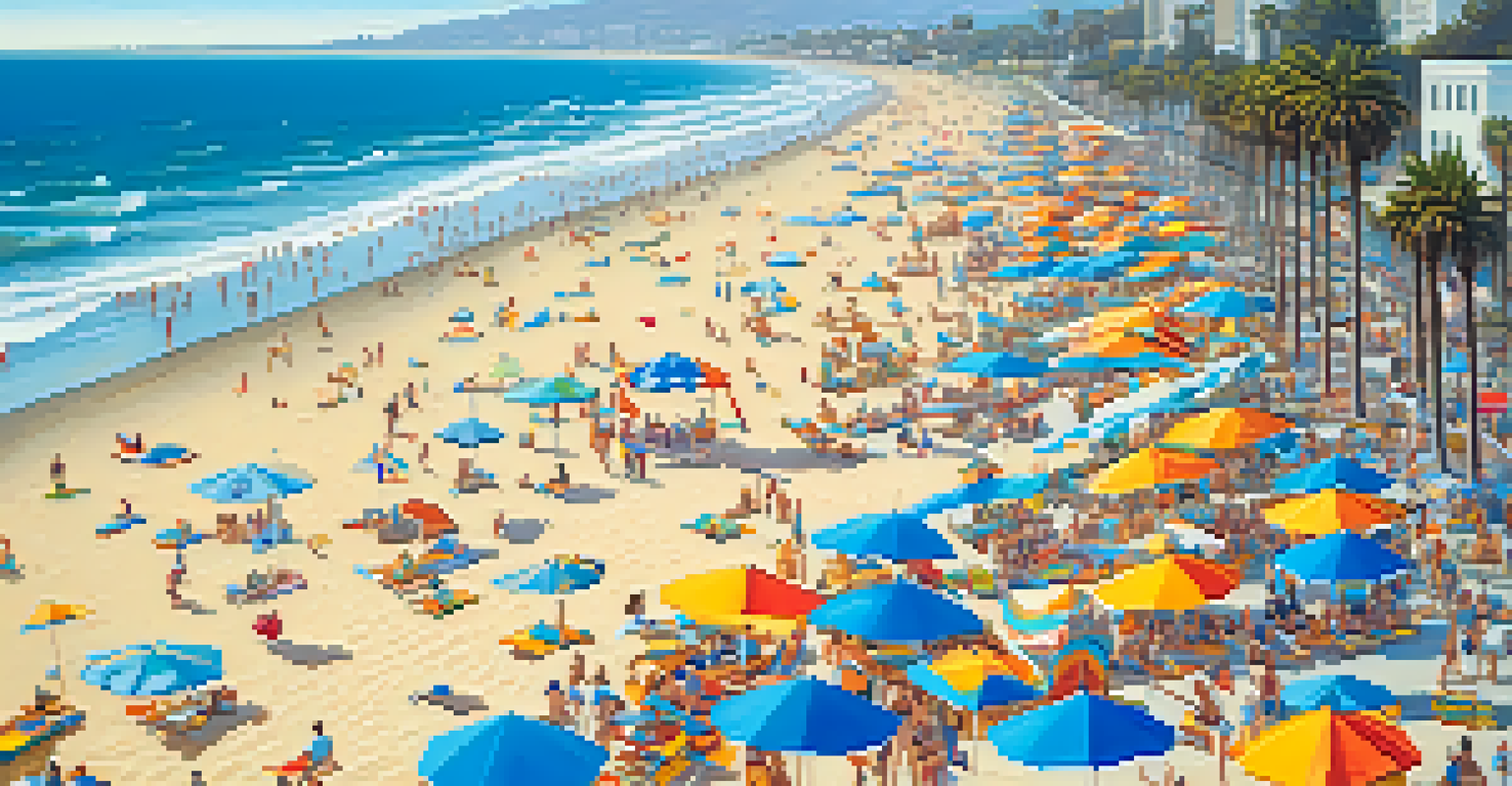 Aerial view of Santa Monica beach with surfers and beach volleyball players amidst colorful umbrellas.