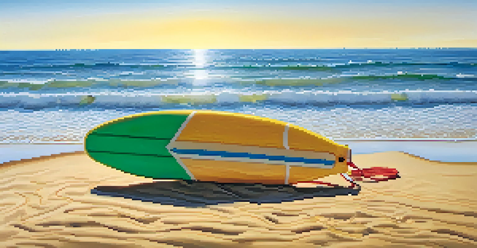 Close-up of a lifeguard's rescue equipment on the sand near the ocean, including a rescue board and flotation devices.
