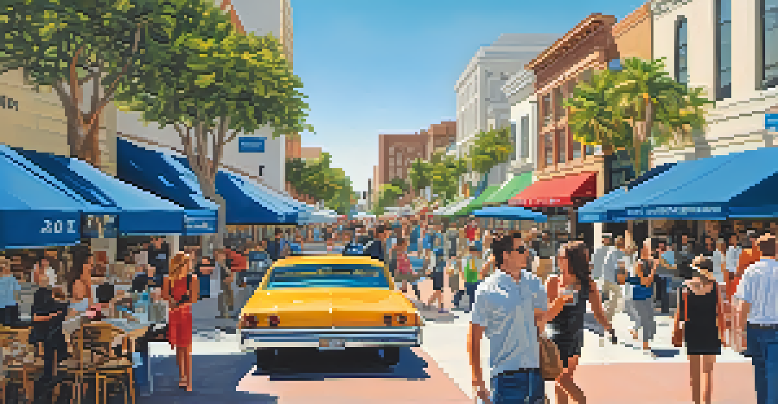 A lively Third Street Promenade filled with shoppers and street performers, featuring a mix of modern and historic buildings.