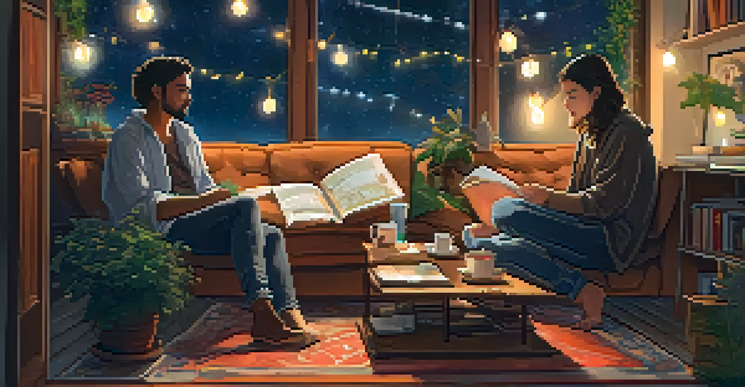 Two friends discussing astrological compatibility on a couch, surrounded by astrology books and a warm atmosphere.