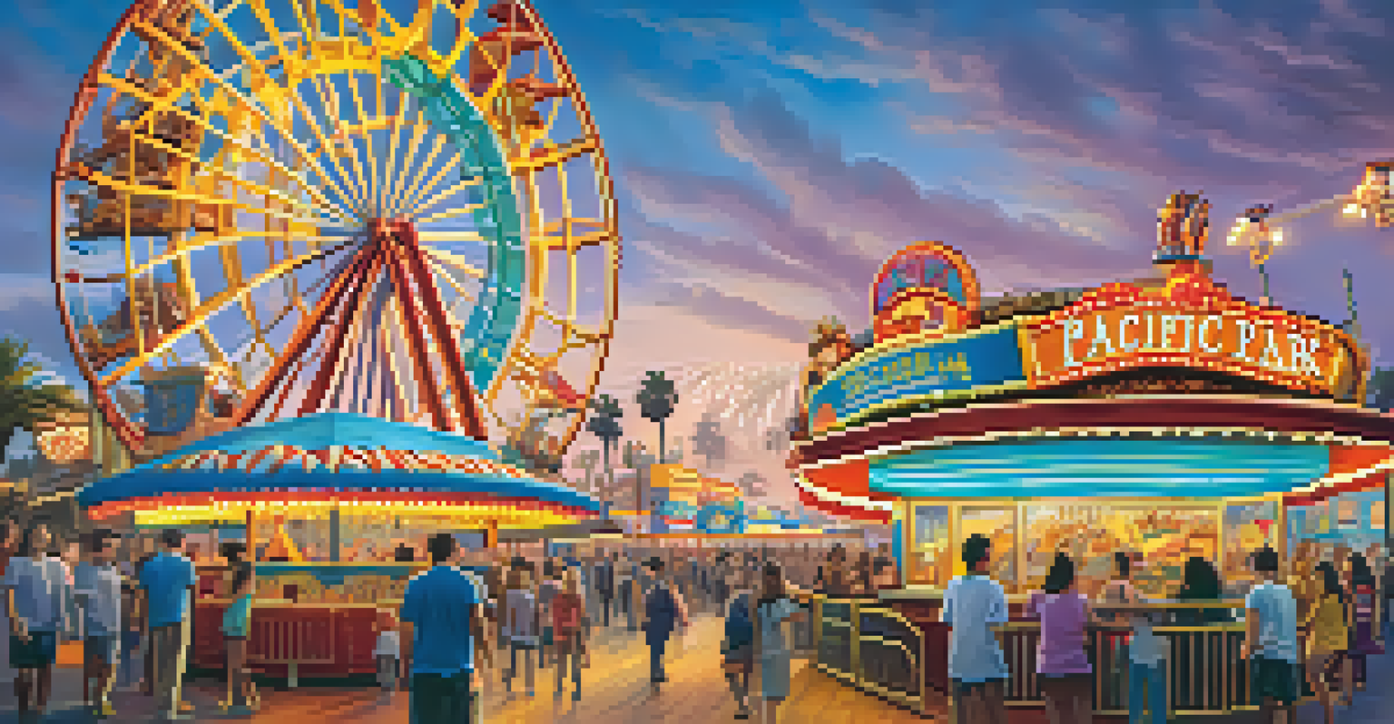 A roller coaster at Pacific Park on Santa Monica Pier, with families enjoying carnival games and snacks.