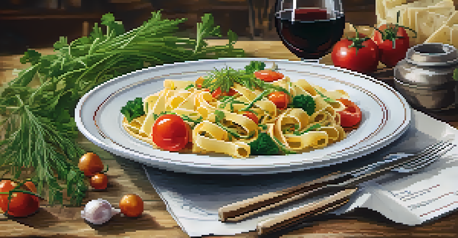 A gourmet plated dish of pasta with vegetables on a rustic wooden table, accompanied by a glass of wine and cooking notes.