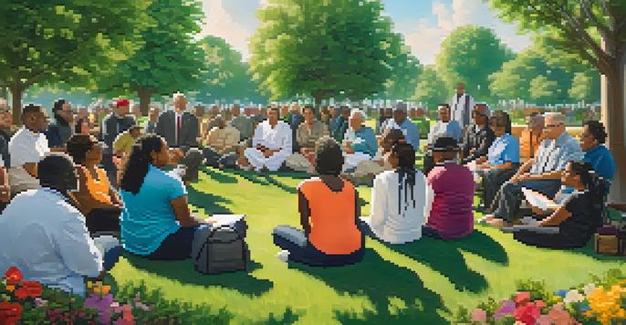 A diverse group of faith leaders engaging in discussion in a community park surrounded by greenery and colorful flowers.