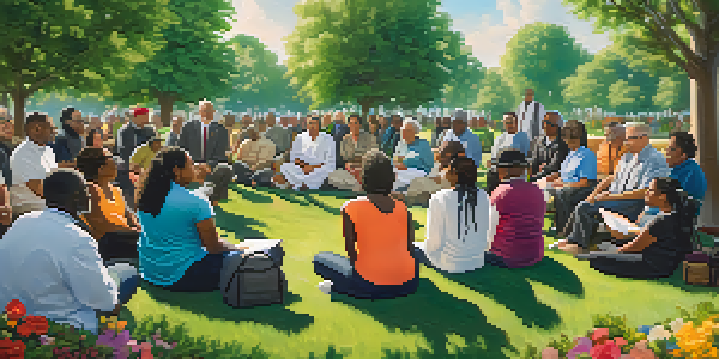 A diverse group of faith leaders engaging in discussion in a community park surrounded by greenery and colorful flowers.