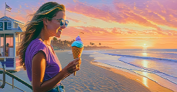 A woman enjoying gelato on a beach in Santa Monica during sunset, with colorful skies and ocean waves in the background.