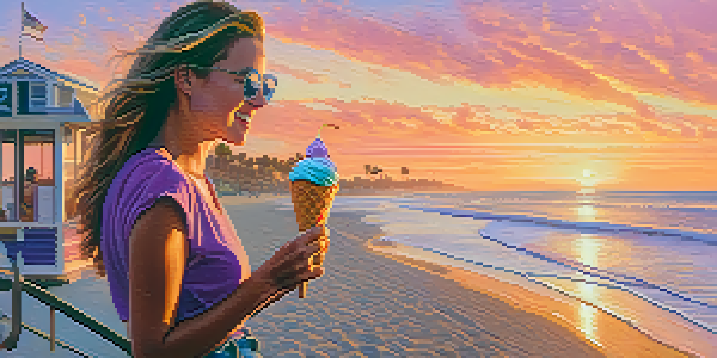 A woman enjoying gelato on a beach in Santa Monica during sunset, with colorful skies and ocean waves in the background.
