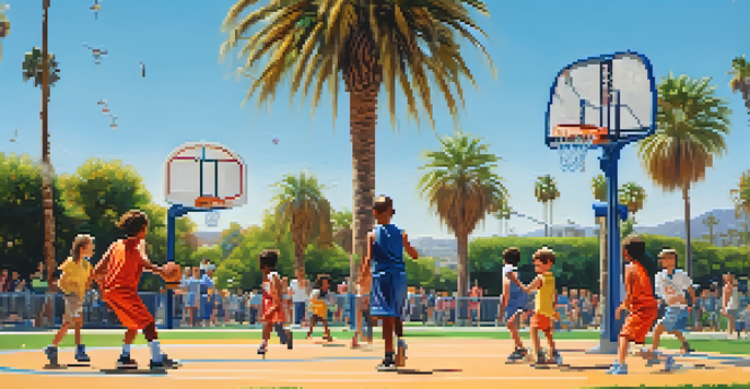 Children of various backgrounds playing basketball in a sunny park, with palm trees and families cheering in the background.