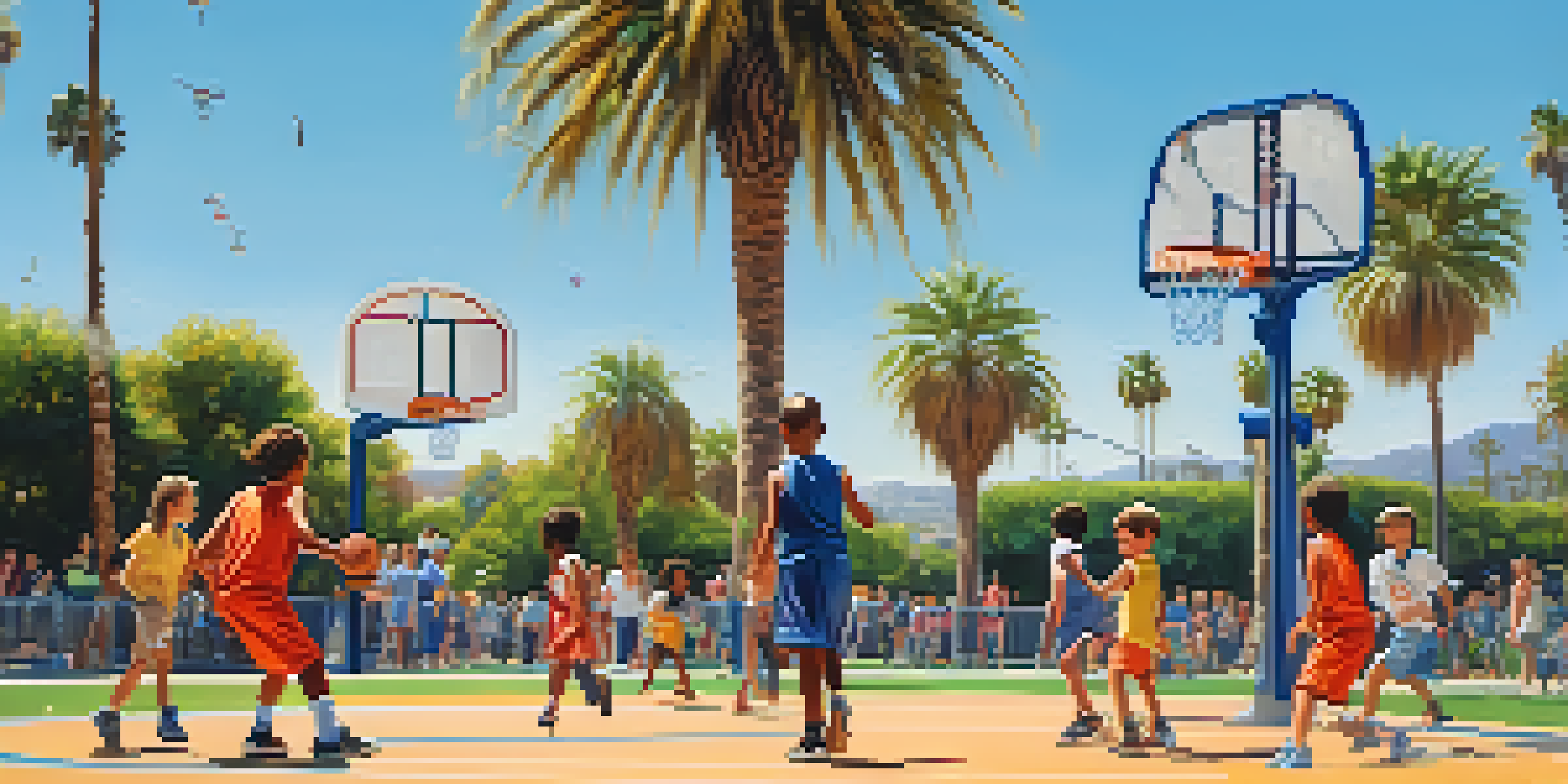 Children of various backgrounds playing basketball in a sunny park, with palm trees and families cheering in the background.