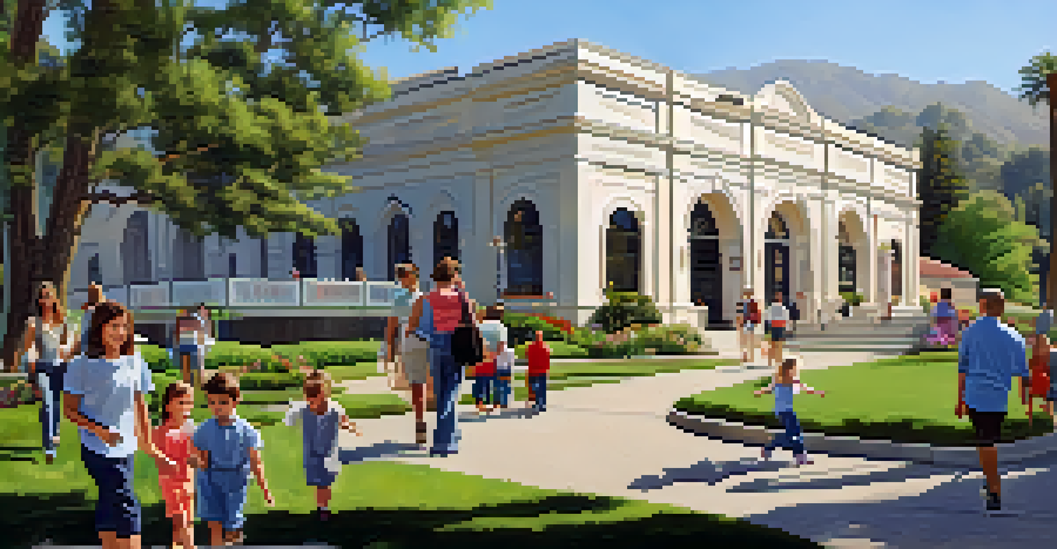A family approaching the California Heritage Museum, surrounded by greenery and showcasing charming architecture.