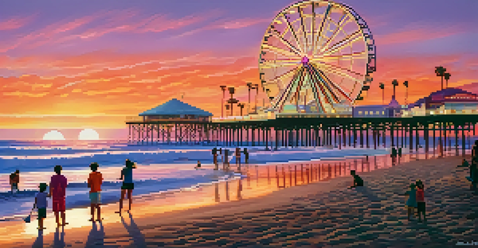 Families enjoying the beach at sunset, with sandcastles and volleyball games, and the Santa Monica Pier in the background.