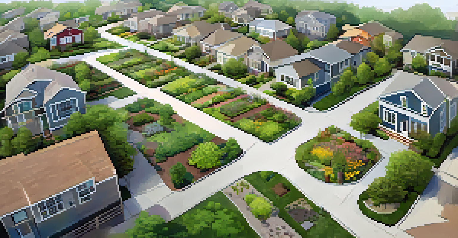 An aerial view of a neighborhood with multiple rain gardens filled with native plants, illustrating environmental sustainability.