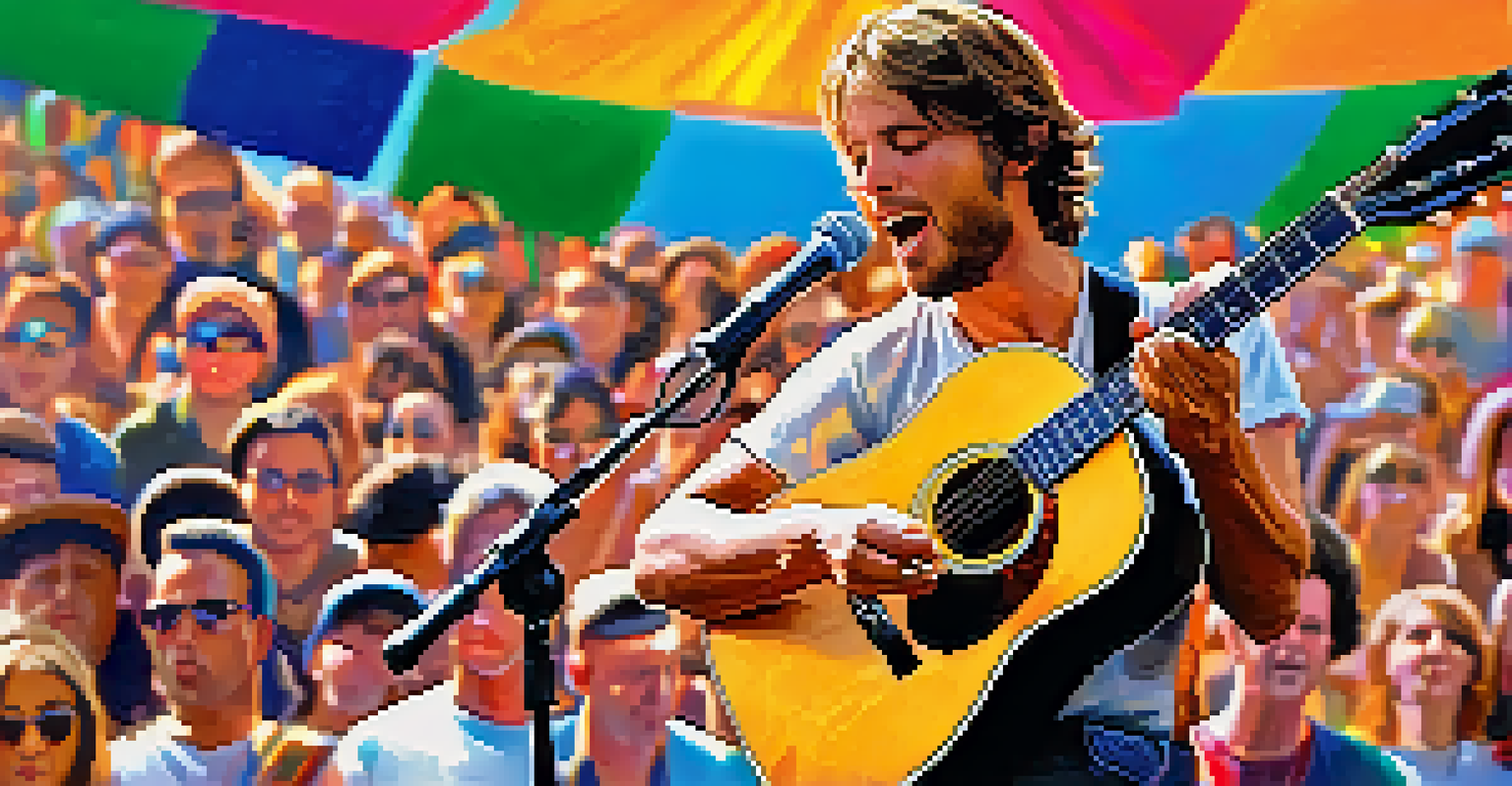 An acoustic guitarist performing at a music festival, with colorful banners and an engaged audience in the background.
