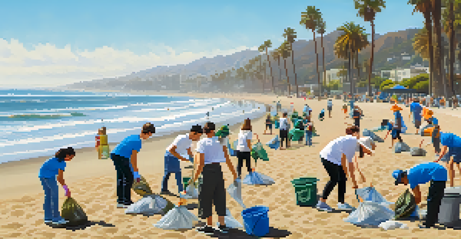 Families and students participating in a beach clean-up, collecting litter on a sunny Santa Monica beach.