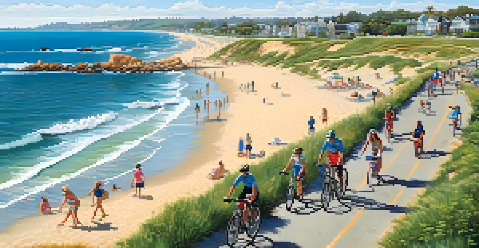 A lively scene on the Marvin Braude Bike Trail, featuring walkers and cyclists with sandy beaches and surfers in the background.