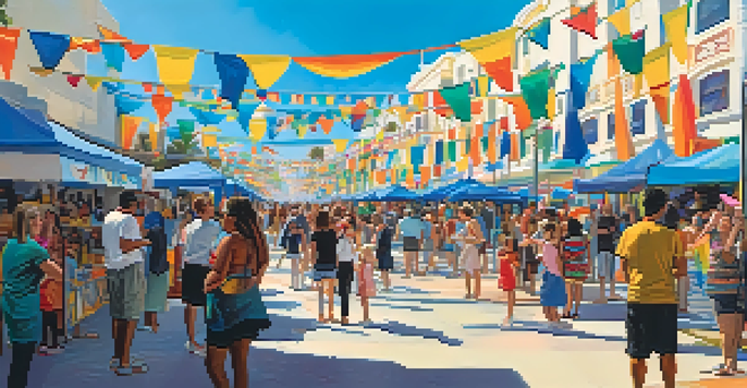 A lively festival scene in Santa Monica with people interacting with art installations, musicians performing, and families enjoying activities.