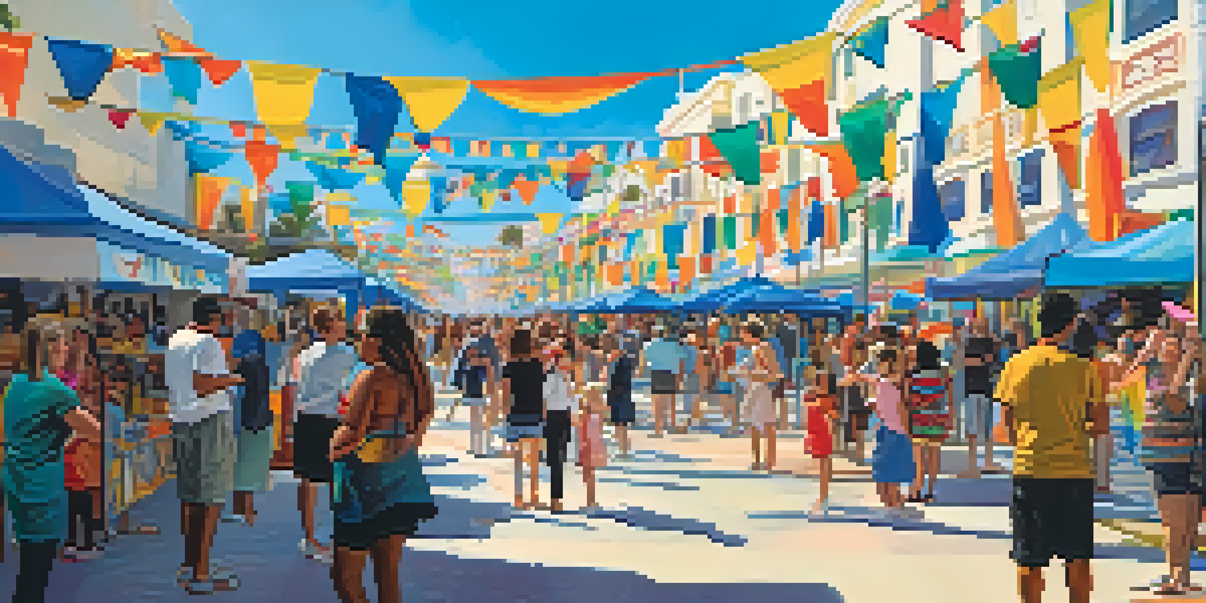 A lively festival scene in Santa Monica with people interacting with art installations, musicians performing, and families enjoying activities.