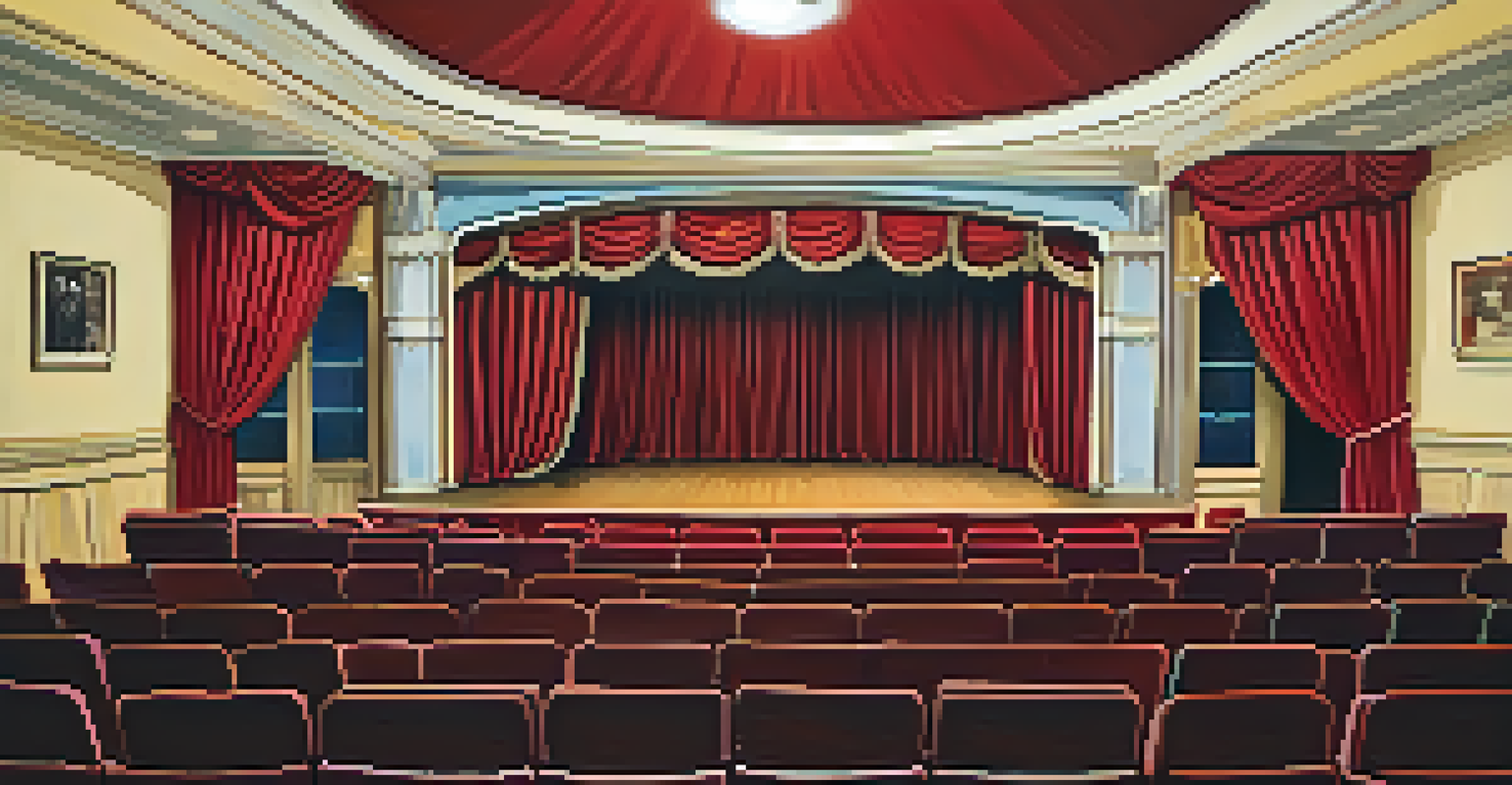 The interior of the Santa Monica Playhouse showing a small stage, red curtains, and vintage seating, filled with framed play posters.