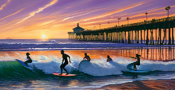 Surfers riding waves at Santa Monica beach during a colorful sunset, with the pier in the background.