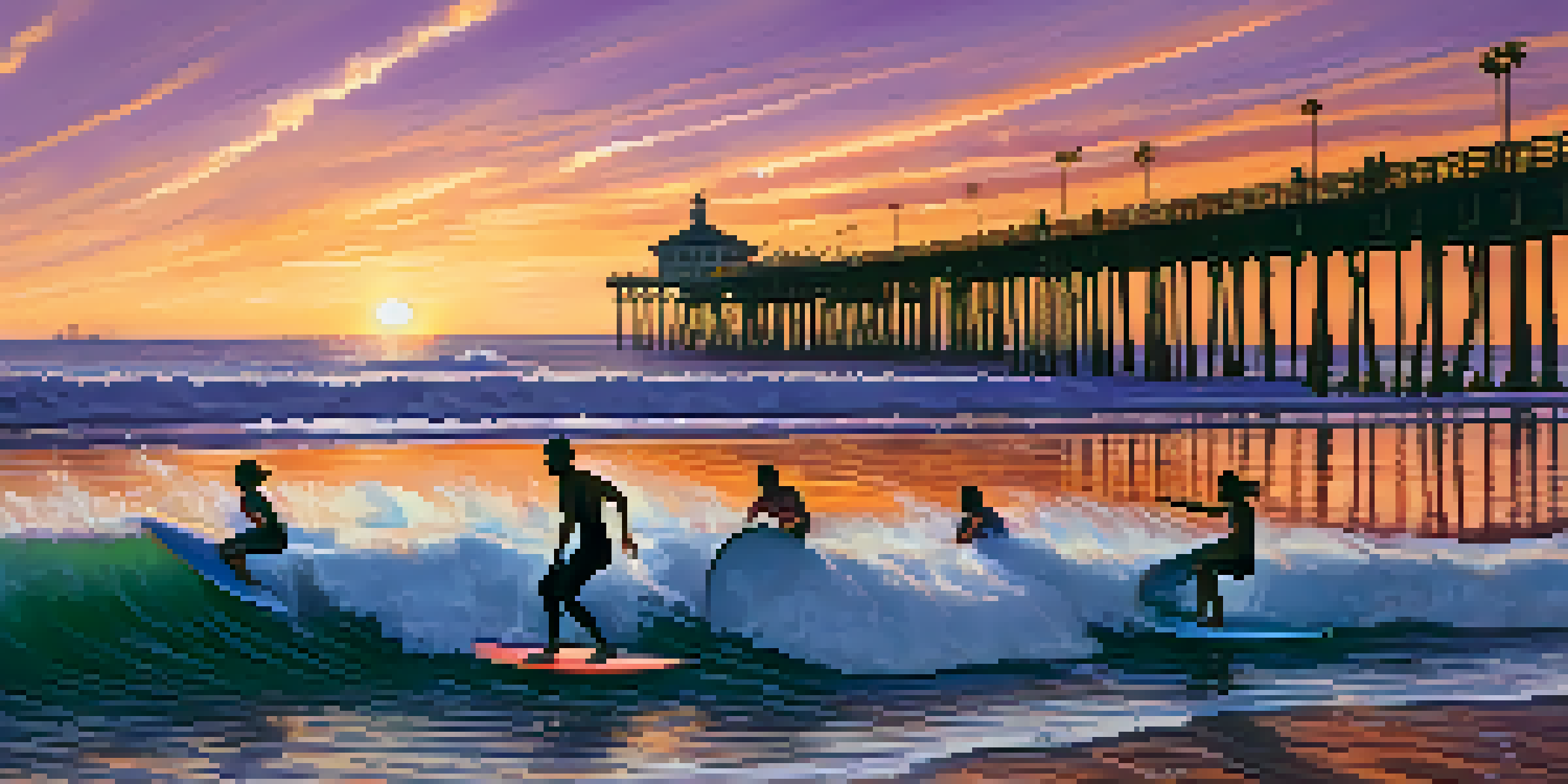Surfers riding waves at Santa Monica beach during a colorful sunset, with the pier in the background.