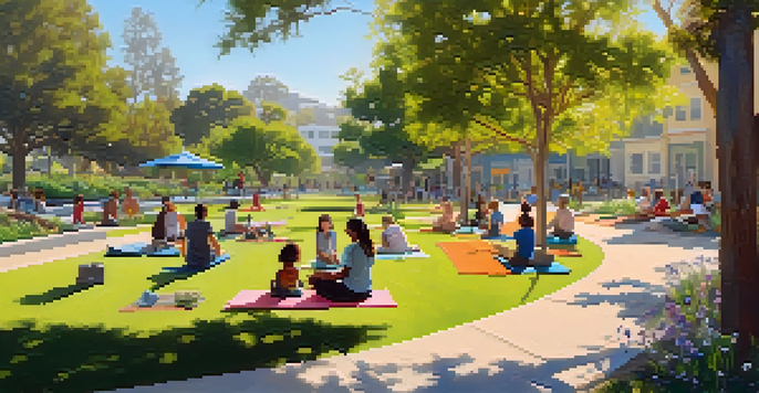 A peaceful urban park with families having a picnic, people practicing yoga, and lush greenery under a clear blue sky.