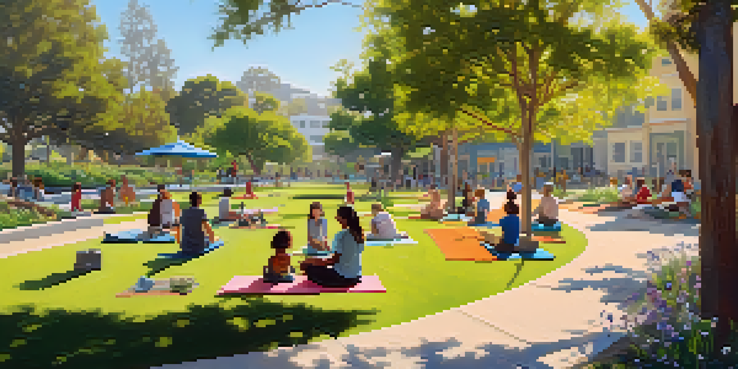 A peaceful urban park with families having a picnic, people practicing yoga, and lush greenery under a clear blue sky.