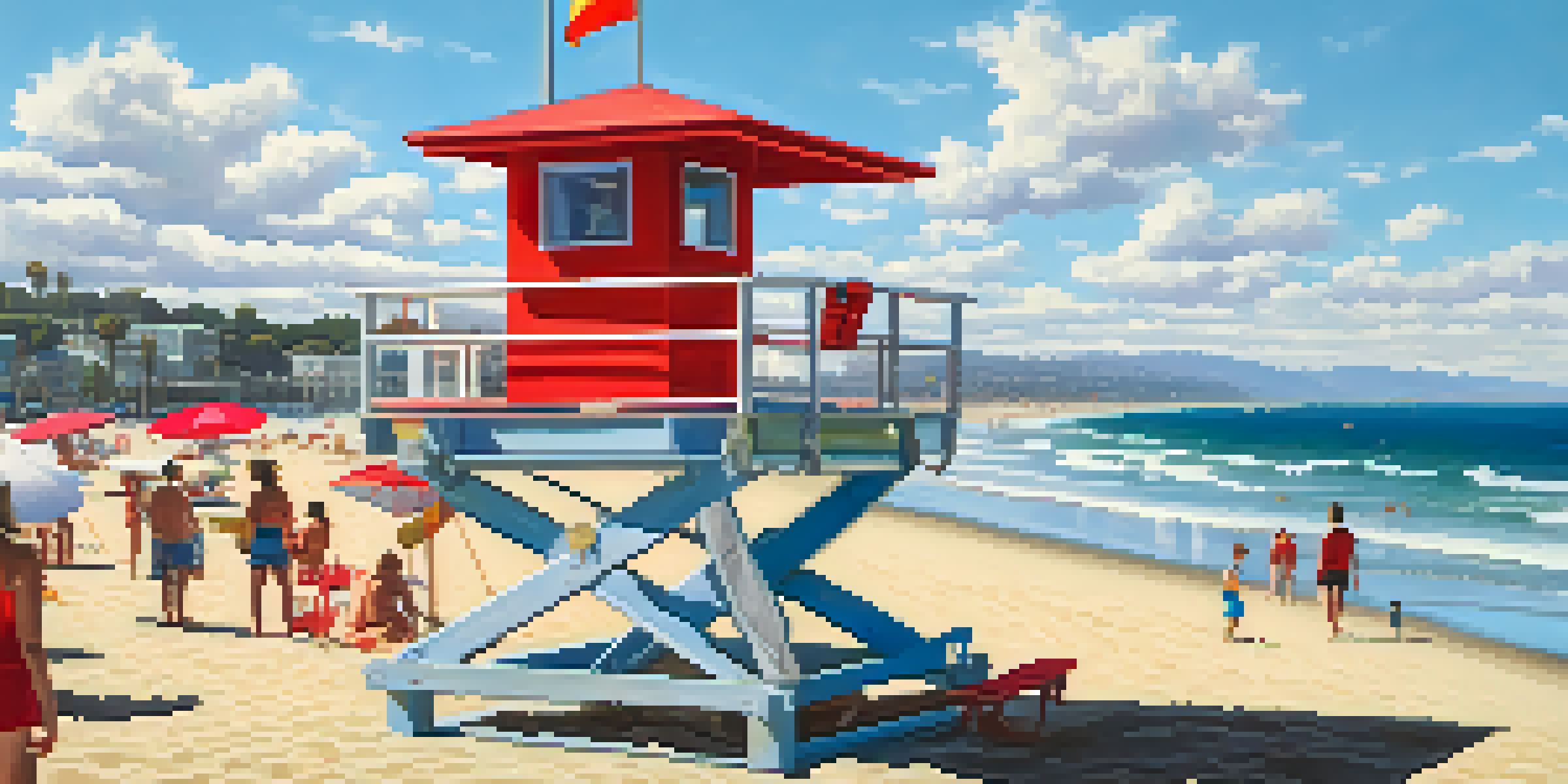 A lifeguard tower on Santa Monica beach with a lifeguard in a red uniform overseeing beachgoers swimming in the ocean on a sunny day.
