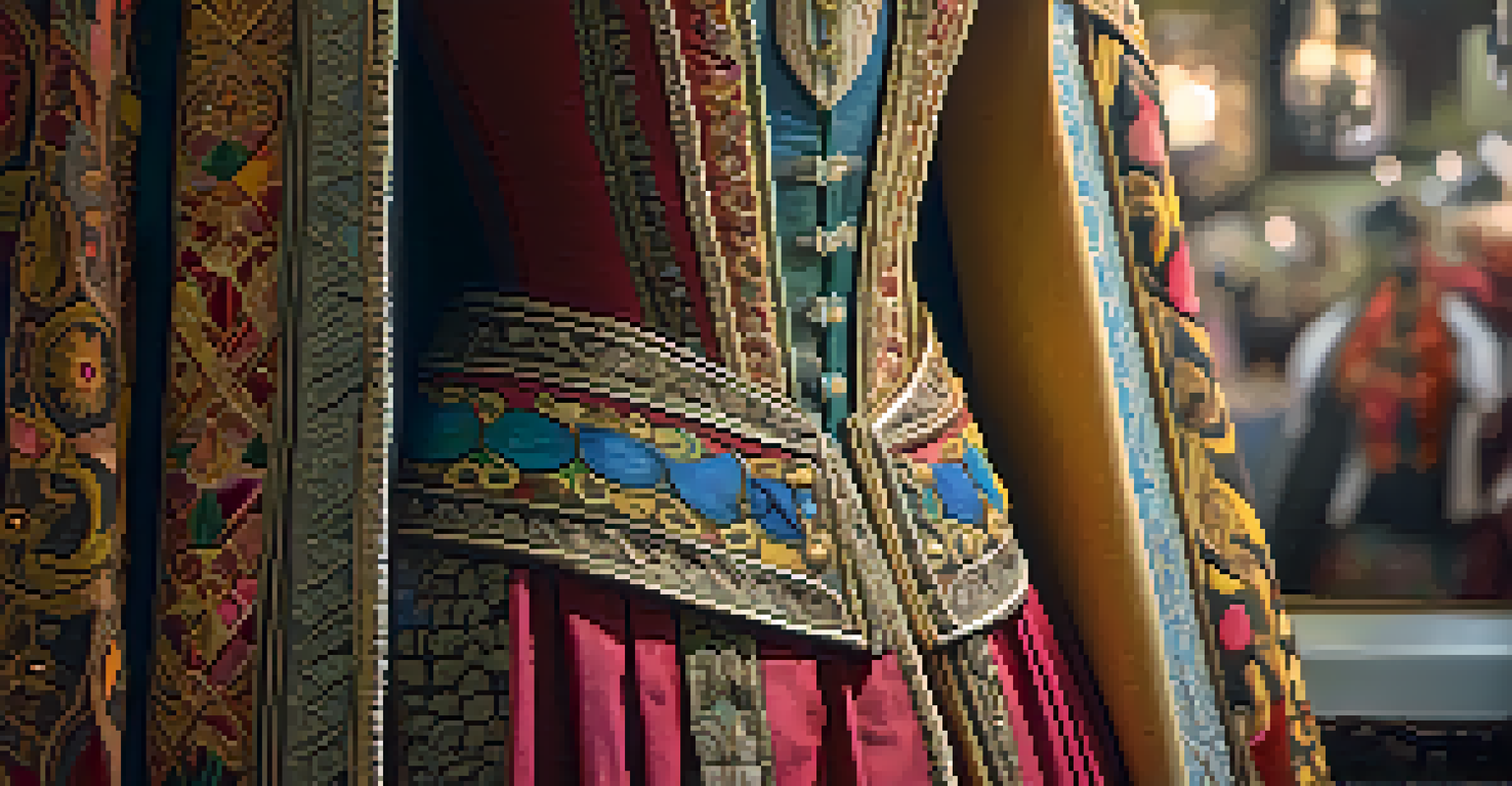 Close-up of a beautifully crafted costume with intricate patterns and vibrant colors on a clothing rack.
