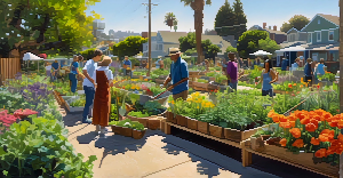 A lively community garden with people of different backgrounds gardening together under bright sunlight.