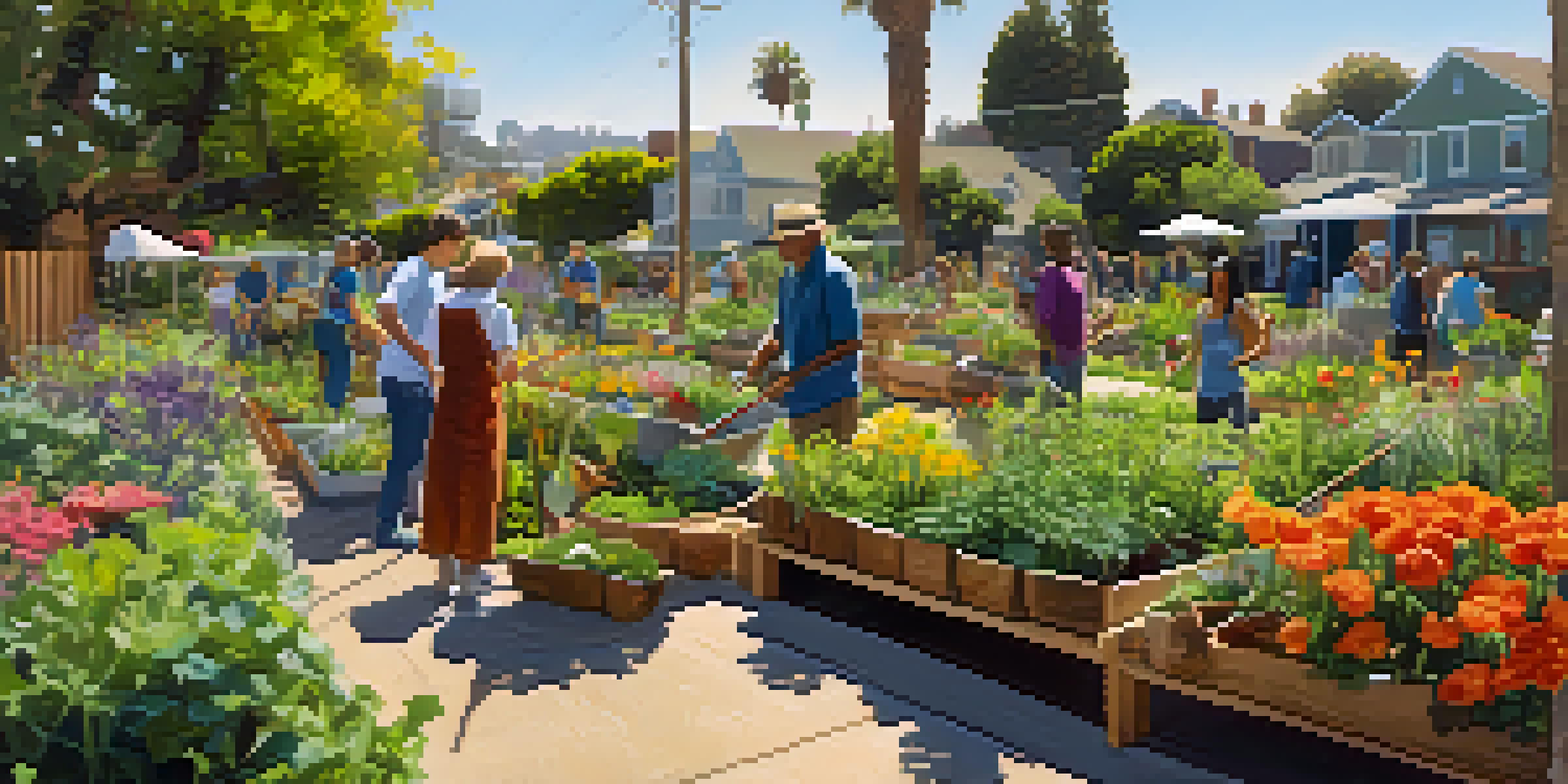 A lively community garden with people of different backgrounds gardening together under bright sunlight.