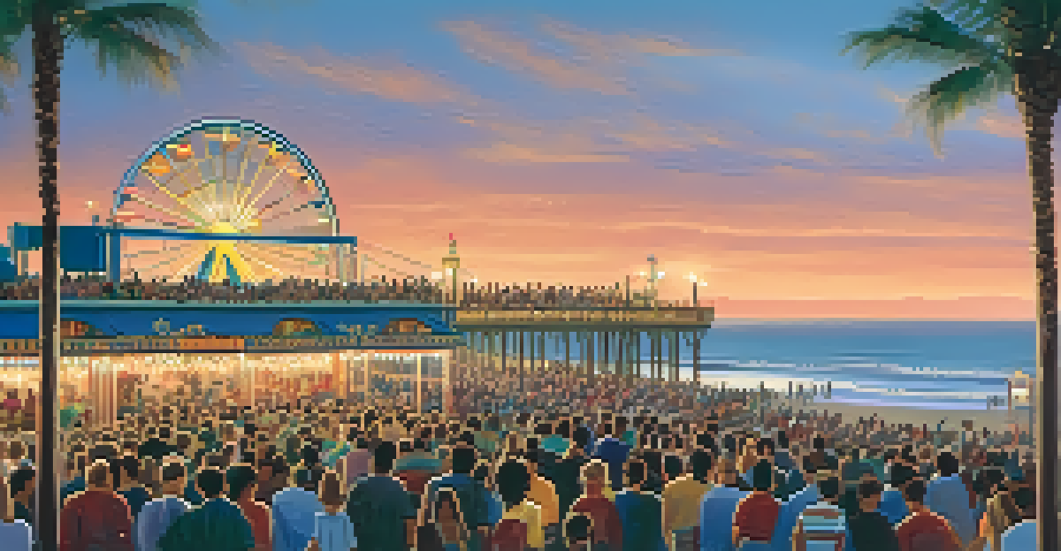 A cultural festival at Santa Monica Pier during twilight, featuring dancers in Hawaiian hula costumes performing on stage with soft lights and ocean waves in the background.