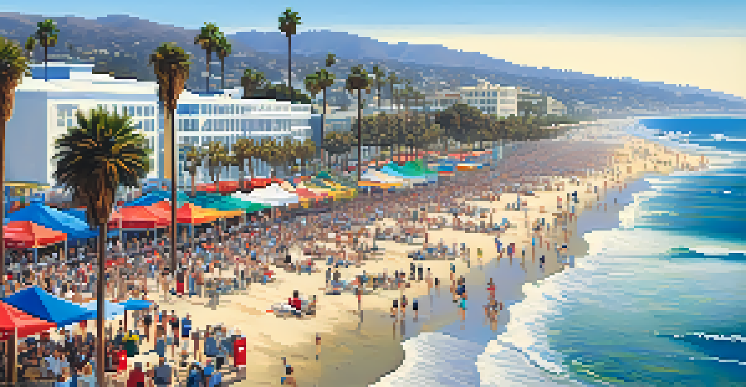 A panoramic view of the Santa Monica coastline during the festival, featuring artistic displays, wine tasting booths, and crowds by the beach.