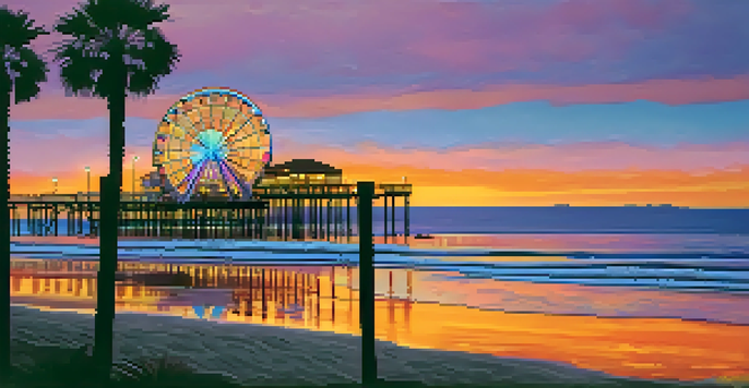 A beautiful sunset view at Santa Monica Pier with a colorful Ferris wheel and silhouettes of palm trees.