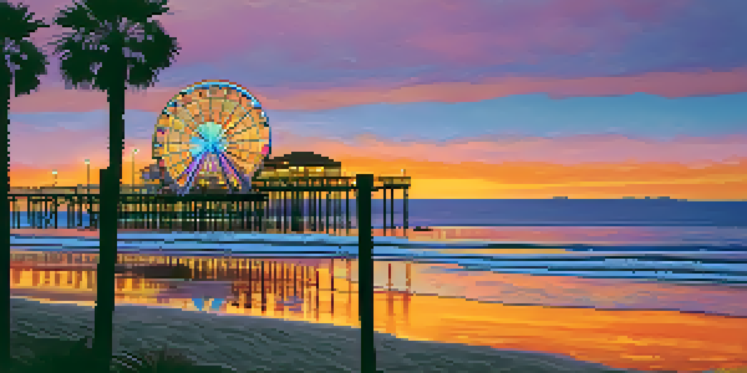 A beautiful sunset view at Santa Monica Pier with a colorful Ferris wheel and silhouettes of palm trees.