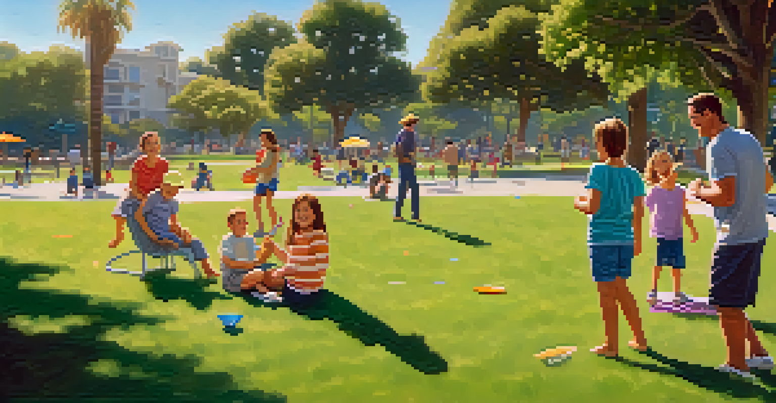 A happy family playing frisbee in a sunny Santa Monica park, surrounded by green grass and trees.