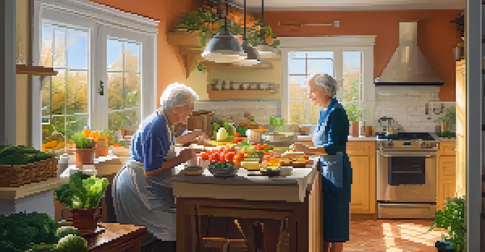 A senior couple joyfully cooking a healthy meal in a bright kitchen, surrounded by fresh vegetables and whole grains.