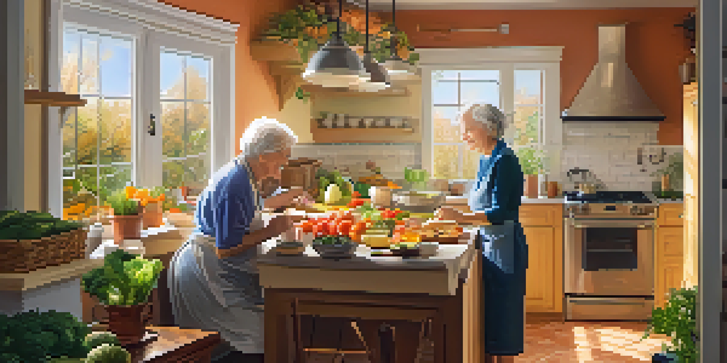 A senior couple joyfully cooking a healthy meal in a bright kitchen, surrounded by fresh vegetables and whole grains.