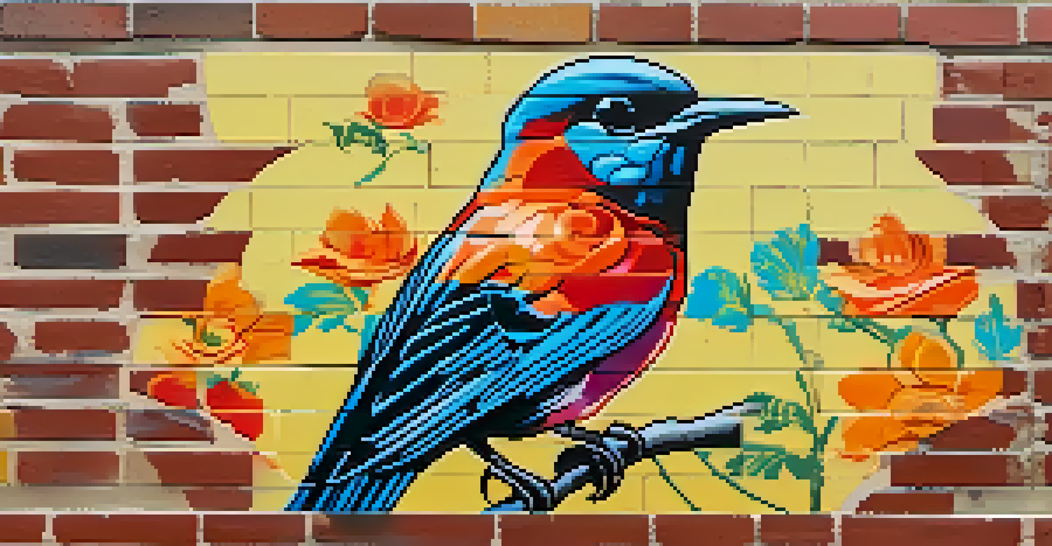 A close-up of a vibrant bird stencil surrounded by flowers on a textured brick wall.