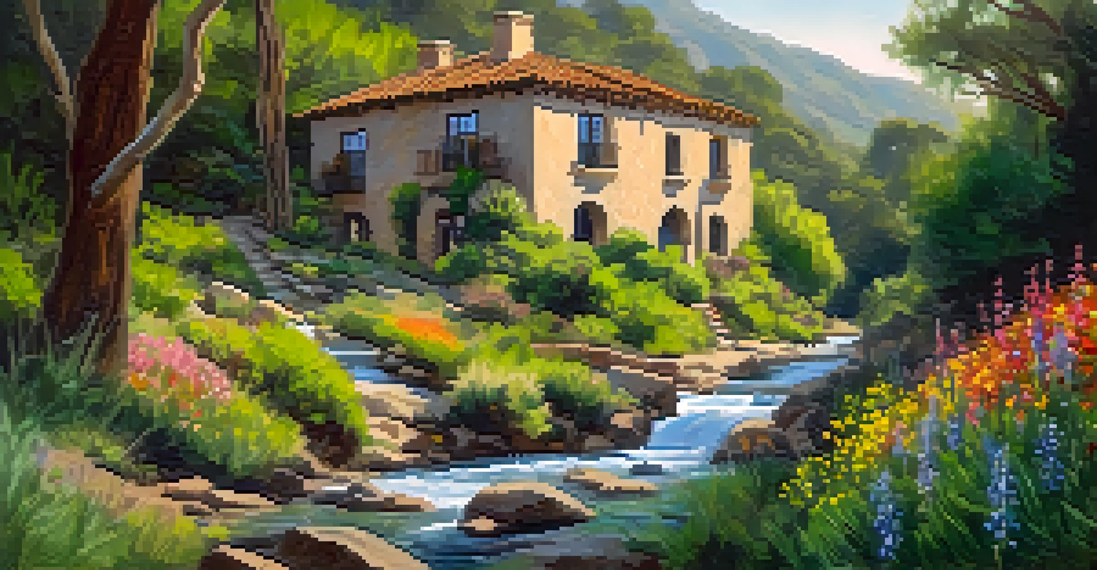 A lush canyon with wildflowers and ruins of a mansion, surrounded by greenery and a creek.