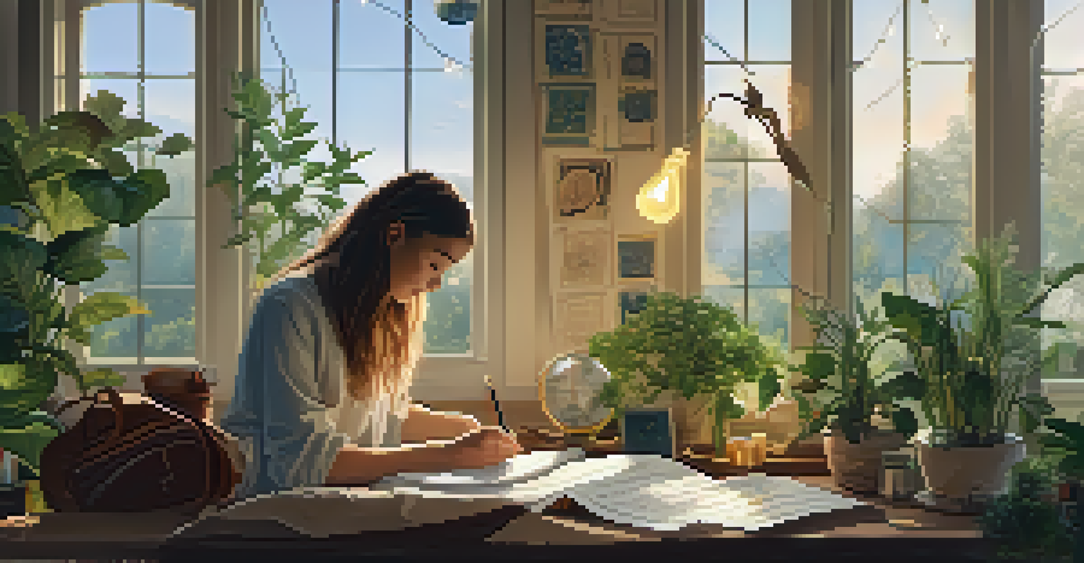 A person journaling in a cozy indoor space filled with astrological charts and symbols, surrounded by plants and wellness items.