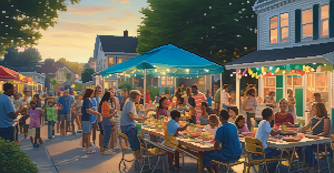 A lively neighborhood block party with families and children enjoying food and games in a warm sunset light.
