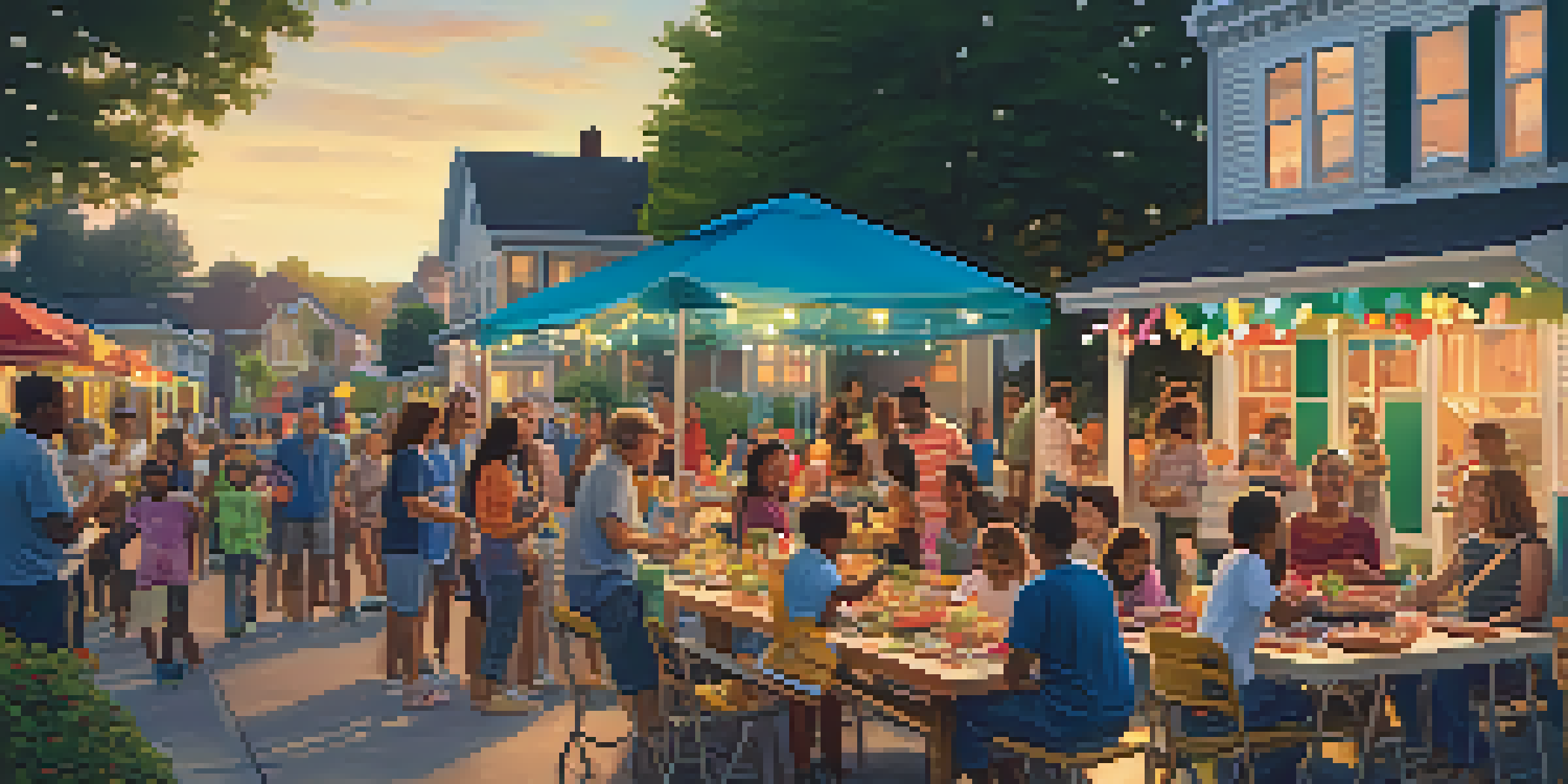 A lively neighborhood block party with families and children enjoying food and games in a warm sunset light.