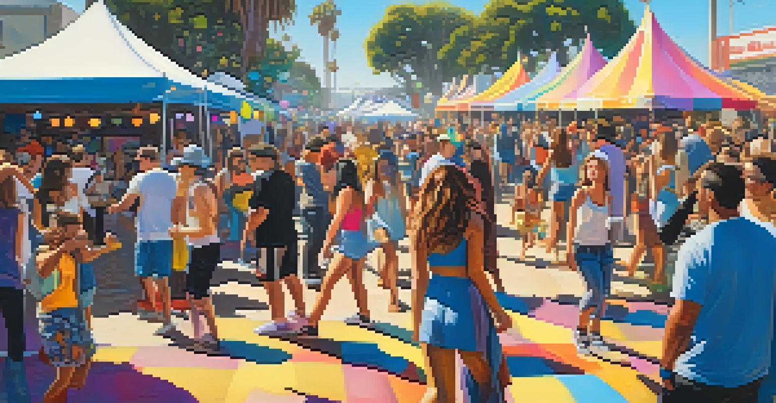 A vibrant music festival in Santa Monica featuring multiple stages and diverse attendees enjoying the performances.