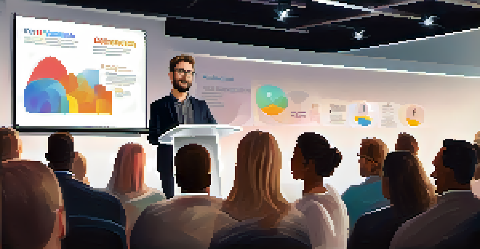 A startup founder passionately presenting their idea at a pitch event, with an engaged audience behind.